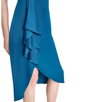 DKNY by Donna Karan Round Neck Ruffle Front Satin Dress