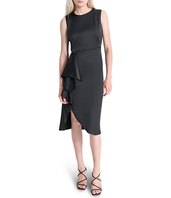 DKNY by Donna Karan Round Neck Ruffle Front Satin Dress