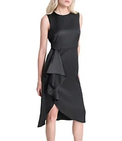 DKNY by Donna Karan Round Neck Ruffle Front Satin Dress