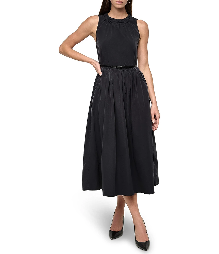 DKNY by Donna Karan Ruched Crew Neck Drop Waist Tech Taffeta Midi Dress