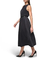 DKNY by Donna Karan Ruched Crew Neck Drop Waist Tech Taffeta Midi Dress
