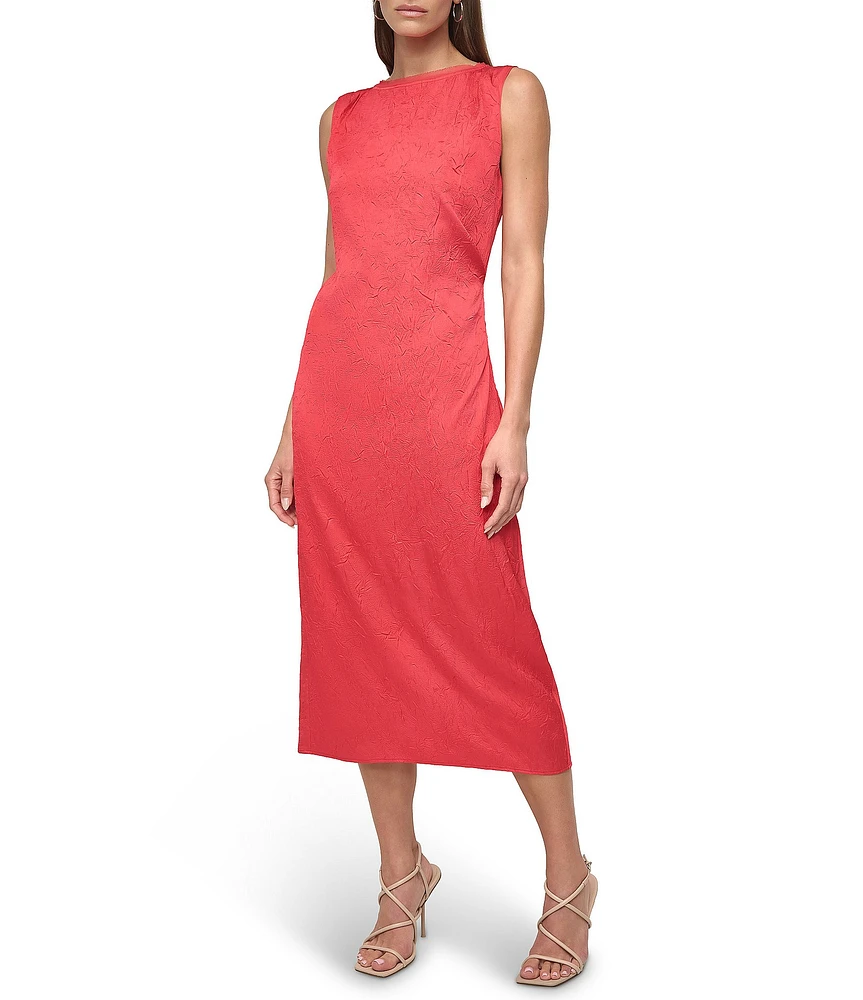 DKNY by Donna Karan Ruched Shoulder Textured Satin Charmeuse Sheath Midi Dress