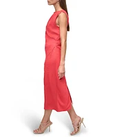 DKNY by Donna Karan Ruched Shoulder Textured Satin Charmeuse Sheath Midi Dress
