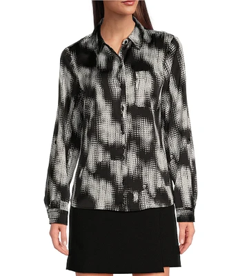 DKNY By Donna Karan Satin Crepe De Chine Point Collar Roll-Tab Sleeve Button Front Shirt