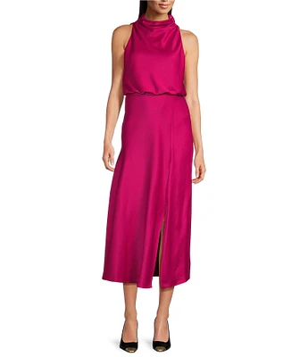 DKNY by Donna Karan Satin Mock Neck Sleeveless Blouson Midi Dress