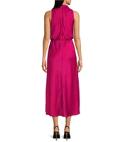 DKNY by Donna Karan Satin Mock Neck Sleeveless Blouson Midi Dress