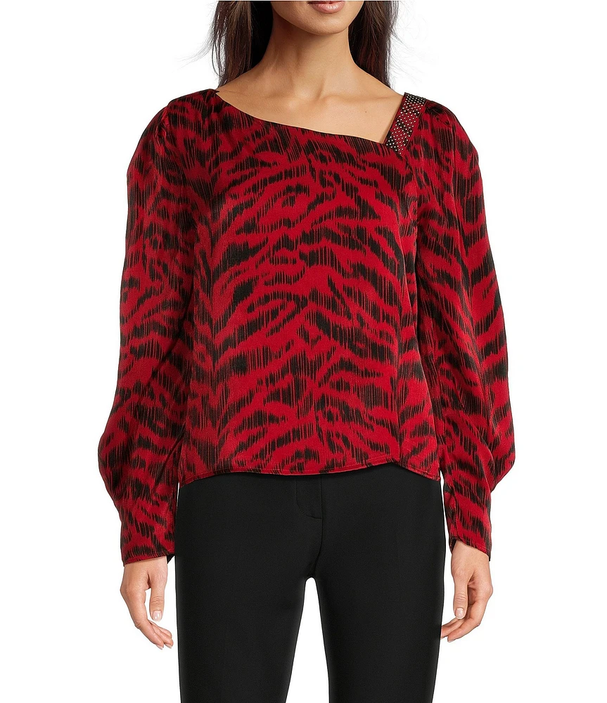 DKNY by Donna Karan Satin Studded Animal Print Asymmetrical Neck Long Sleeve Top