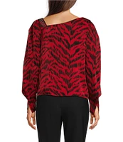 DKNY by Donna Karan Satin Studded Animal Print Asymmetrical Neck Long Sleeve Top