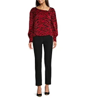 DKNY by Donna Karan Satin Studded Animal Print Asymmetrical Neck Long Sleeve Top