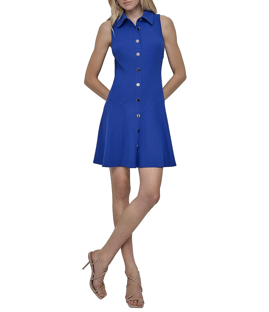 DKNY by Donna Karan Scuba Crepe Point Collar Neck Sleeveless Shirt Mini Dress