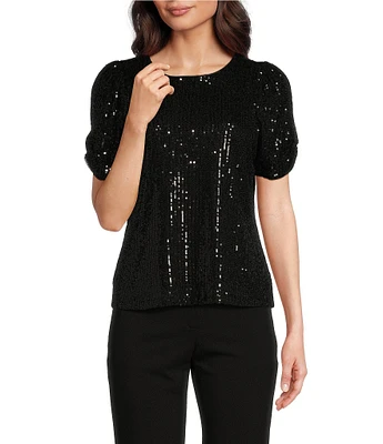 DKNY by Donna Karan Sequin Jersey Knit Scoop Neck 3/4 Sleeve Top