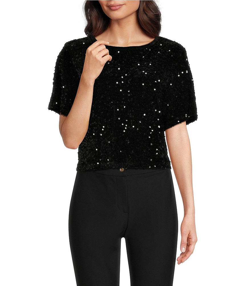 DKNY by Donna Karan Sequined Stretch Velvet Crew Neck Short Sleeve T-Shirt