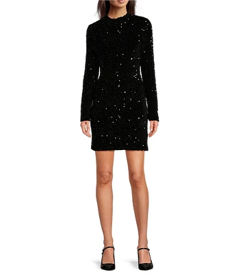 DKNY by Donna Karan Sequined Velvet Mock Neck Long Sleeve Mini Dress