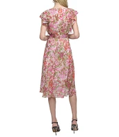 DKNY by Donna Karan Short Ruffle Sleeve Faux Wrap Midi Dress