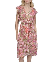 DKNY by Donna Karan Short Ruffle Sleeve Faux Wrap Midi Dress