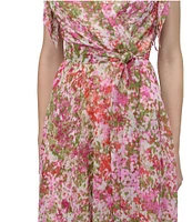 DKNY by Donna Karan Short Ruffle Sleeve Faux Wrap Midi Dress