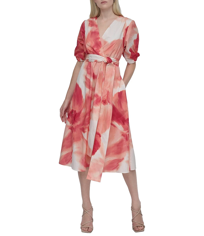 DKNY by Donna Karan Short Sleeve Abstract Floral Print Chiffon Faux Wrap Midi Dress