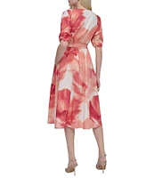 DKNY by Donna Karan Short Sleeve Abstract Floral Print Chiffon Faux Wrap Midi Dress