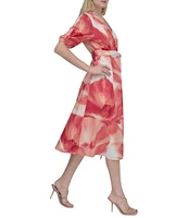 DKNY by Donna Karan Short Sleeve Abstract Floral Print Chiffon Faux Wrap Midi Dress