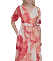 DKNY by Donna Karan Short Sleeve Abstract Floral Print Chiffon Faux Wrap Midi Dress