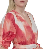 DKNY by Donna Karan Short Sleeve Abstract Floral Print Chiffon Faux Wrap Midi Dress