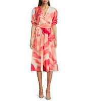 DKNY by Donna Karan Short Sleeve Abstract Floral Print Chiffon Faux Wrap Midi Dress