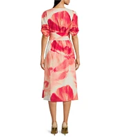 DKNY by Donna Karan Short Sleeve Abstract Floral Print Chiffon Faux Wrap Midi Dress