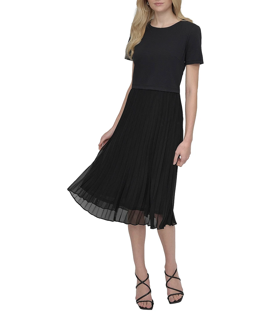 DKNY by Donna Karan Short Sleeve Mixed Media Pleated A-Line Midi Dress