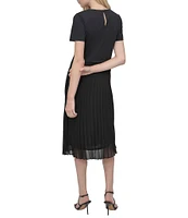 DKNY by Donna Karan Short Sleeve Mixed Media Pleated A-Line Midi Dress