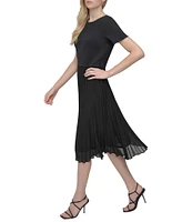DKNY by Donna Karan Short Sleeve Mixed Media Pleated A-Line Midi Dress