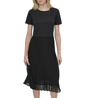 DKNY by Donna Karan Short Sleeve Mixed Media Pleated A-Line Midi Dress