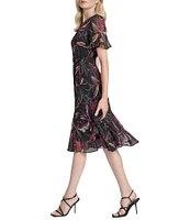 DKNY by Donna Karan Short Sleeve Printed Fit and Flare Midi Dress