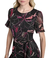 DKNY by Donna Karan Short Sleeve Printed Fit and Flare Midi Dress