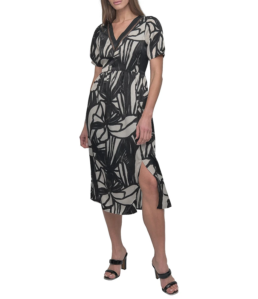 DKNY by Donna Karan Short Sleeve Printed V-Neck Ladder Lace Dress