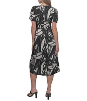 DKNY by Donna Karan Short Sleeve Printed V-Neck Ladder Lace Dress