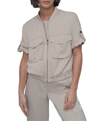 DKNY by Donna Karan Short Sleeve Roll Tab Zip Front Jacket