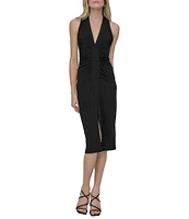 DKNY by Donna Karan Silky Jersey V Neck Sleeveless Ruched Sheath Dress