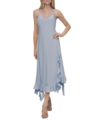 DKNY by Donna Karan Silky Jersey V Neck Sleeveless Ruffle Slip Dress