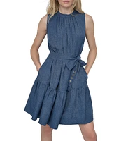 DKNY by Donna Karan Sleeveless Pleated Crew Neck Fit and Flare Dress