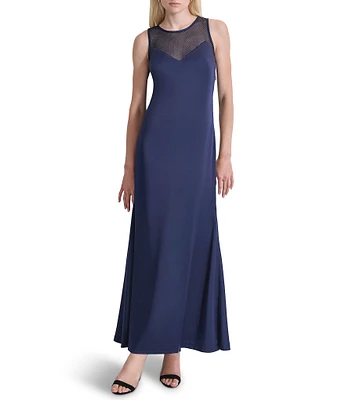 DKNY by Donna Karan Sleeveless Rhinestone Mesh Crew Neck Gown
