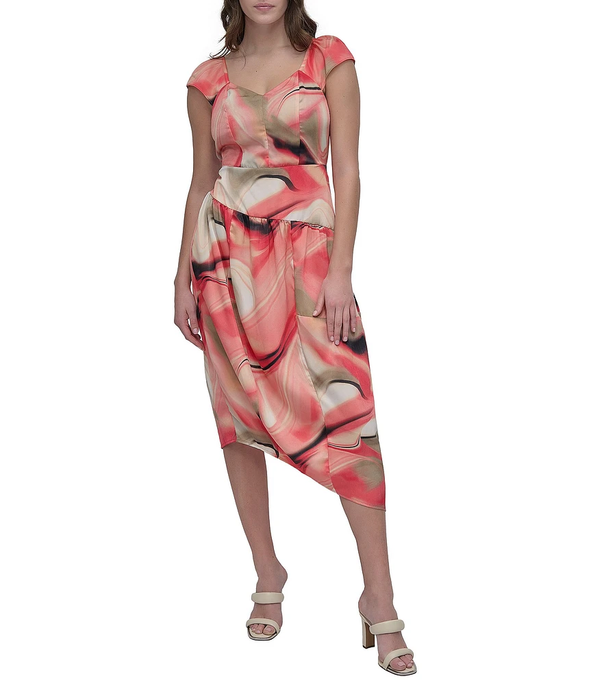 DKNY by Donna Karan Short Sleeve V-Neck Marble Print Satin Dress
