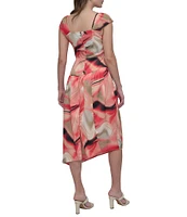 DKNY by Donna Karan Short Sleeve V-Neck Marble Print Satin Dress