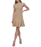 DKNY by Donna Karan Solid Crepe Crew Neck Sleeveless Flounce Hem Fit & Flare Dress