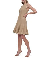 DKNY by Donna Karan Solid Crepe Crew Neck Sleeveless Flounce Hem Fit & Flare Dress