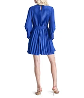 DKNY by Donna Karan Solid Woven Crew Neck Long Sleeve Belted Pleated A-Line Dress