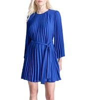 DKNY by Donna Karan Solid Woven Crew Neck Long Sleeve Belted Pleated A-Line Dress