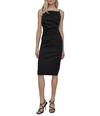 DKNY by Donna Karan Square Neck Sleeveless Ruched Poplin Midi Dress