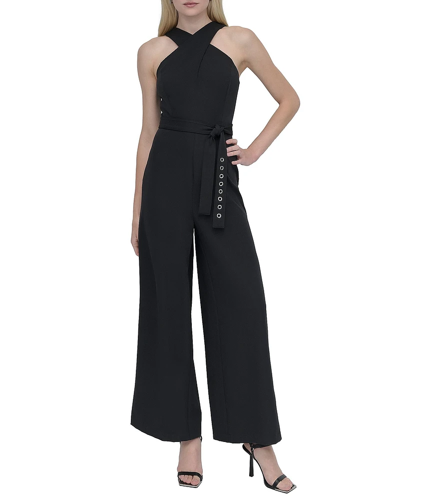 DKNY by Donna Karan Stretch Halter Neck Sleeveless Belted Straight Leg Jumpsuit