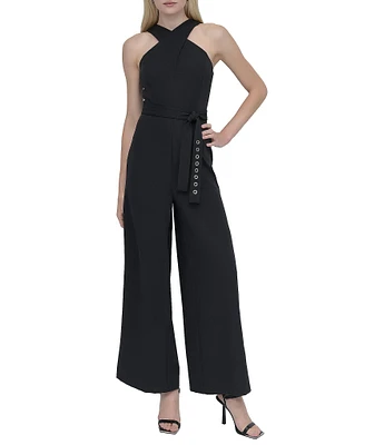 DKNY by Donna Karan Stretch Halter Neck Sleeveless Belted Straight Leg Jumpsuit
