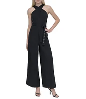 DKNY by Donna Karan Stretch Halter Neck Sleeveless Belted Straight Leg Jumpsuit